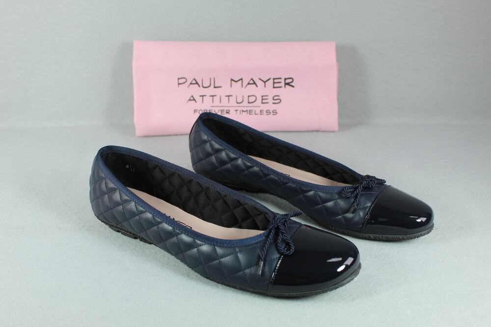 Paul Mayer Quilted Leather Ballet Flats Women's 8.5 Navy Blue Cap Toe Bow